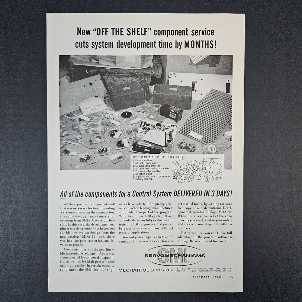 1958 SMI Servomechanisms Mechatrol Mechatronic Apparatus Vintage Print Ad MDA-58